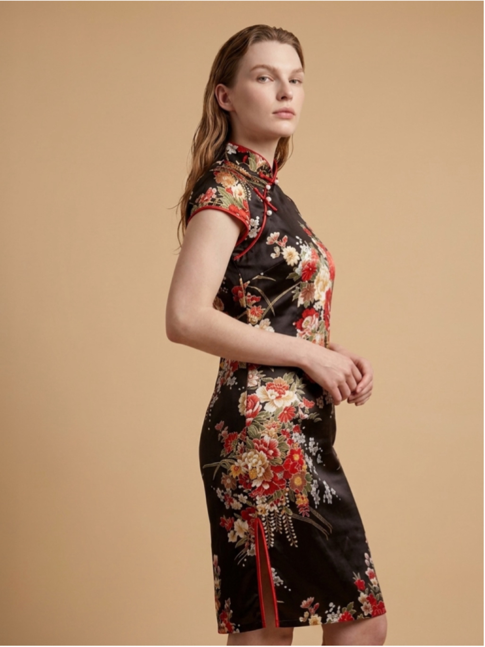 Laogudai Floral Cheongsam Qipao Dress Size S Black Red - Picture 2 of 3